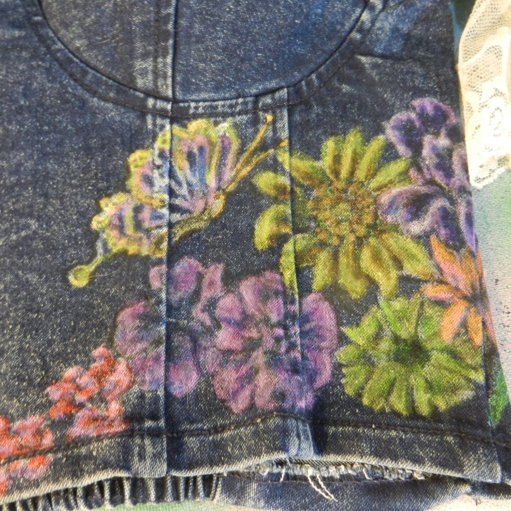 HAND CRAFTED floral denim bustier OOAK custom hand painted jean camisole top - Picture 3 of 16